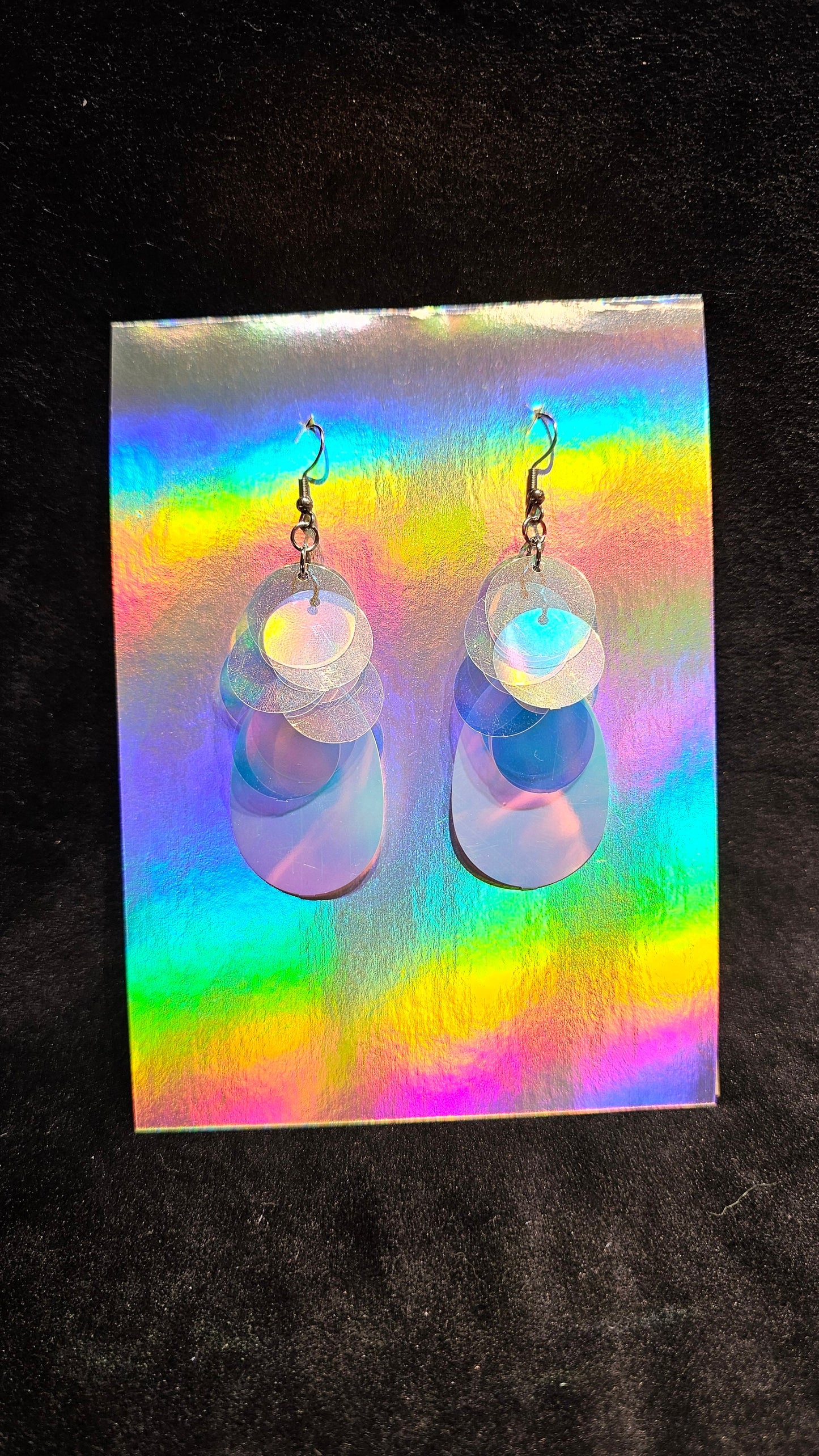 Iridescent sequin drop earrings with silver stainless steel hardware.